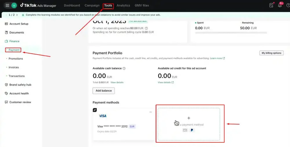 Payment Portfolio with cash and ad credit